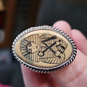 70's Egyptian Revival Era Sterling Silver Ring sz 9. Engraved stone. Men Women